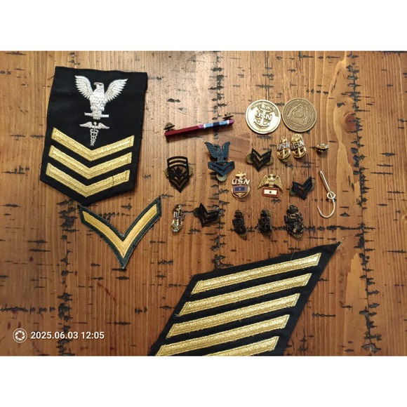 Large Lot US Military Insignia Pins Patches Medals USN USMC Army VFW Coins c1